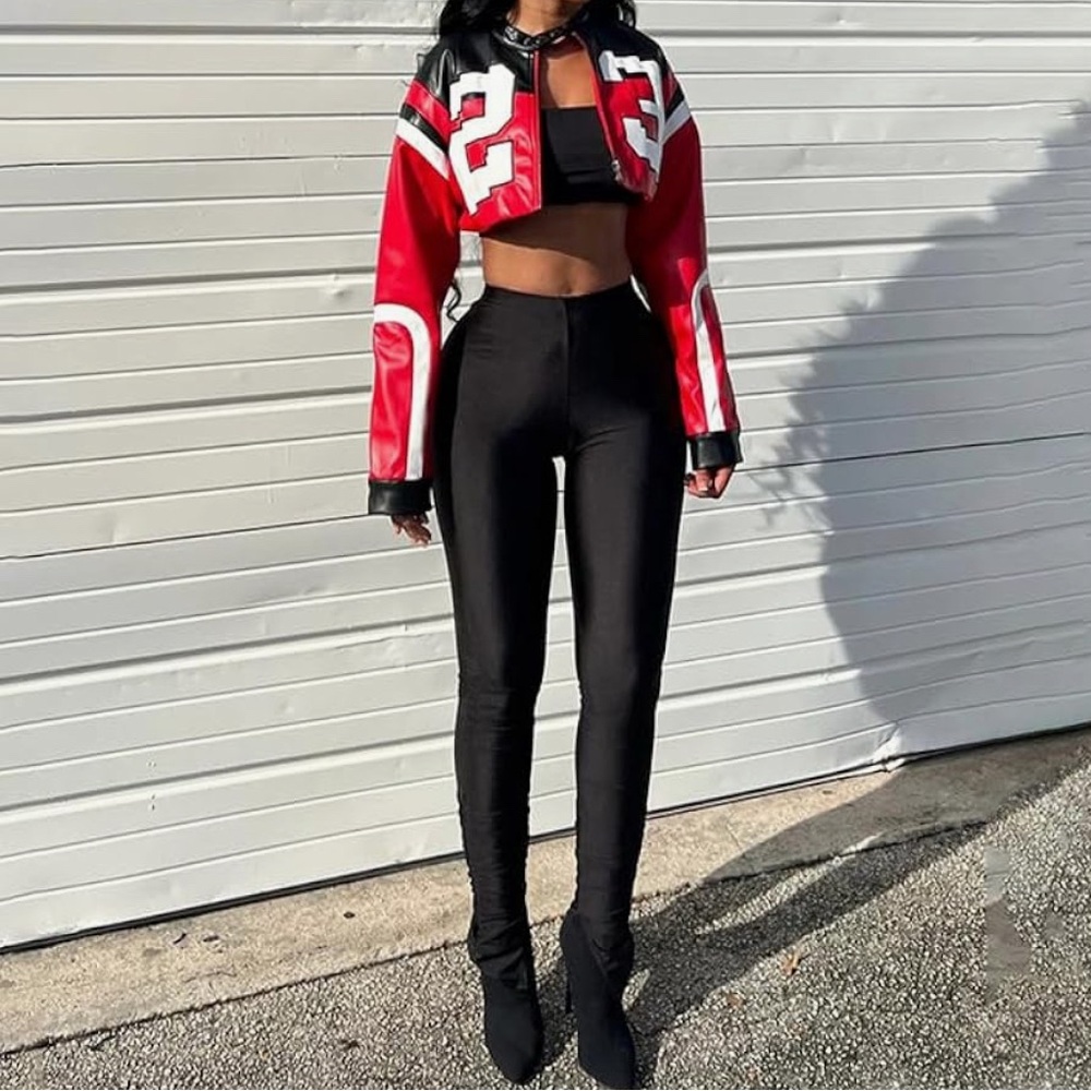 Red and Black Cropped Jacket with Black Pants